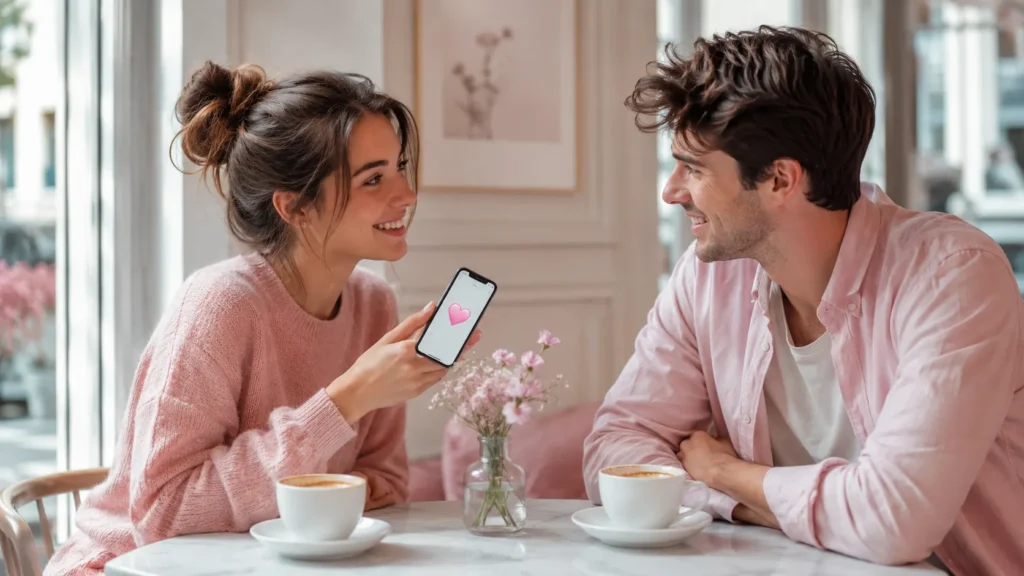 Kobieta pokazuje mężczyźnie różowe serce na telefonie jako wyraz uczuć