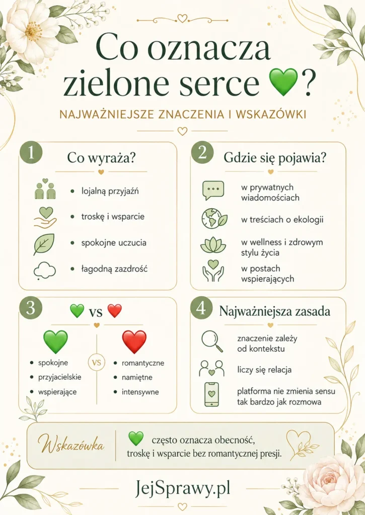 Infografika podsumowująca kluczowe informacje o tym, jakie jest znaczenie zielonego serca