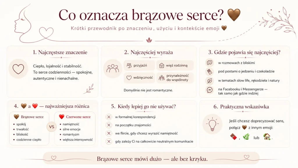 Infografika podsumowująca informacje o brązowym sercu, jego znaczeniu i wykorzystaniu