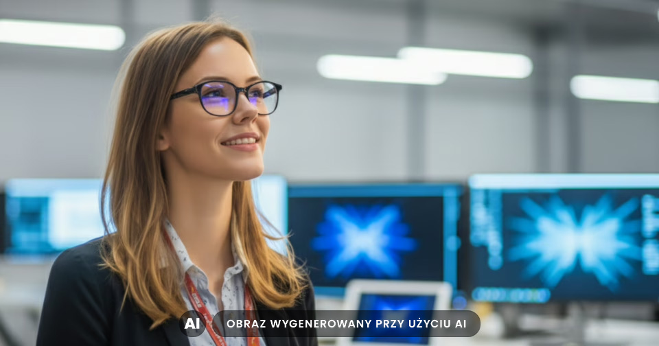 Grafika przedstawia młodą kobietę w okularach korekcyjnych do komputera, wygenerowane przez SI.
