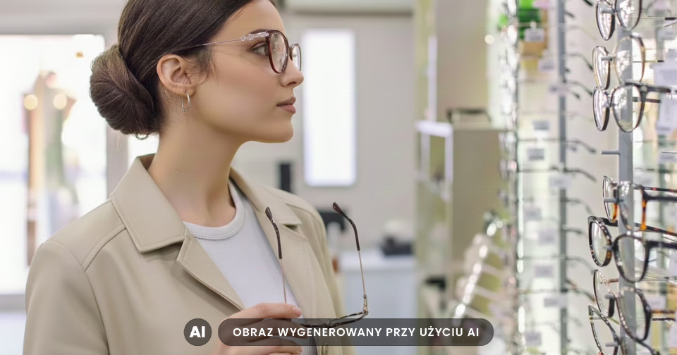 Grafika przedstawia kobietę wybierającą okulary korekcyjne do codziennego użytku, wygenerowane przez SI.
